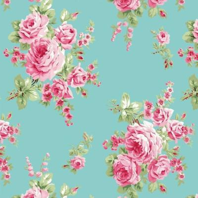 Tissu Barefoot Roses Fleurs fond turquoise