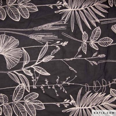 Tissu voile de coton en noir avec  une broderie blanche katia-