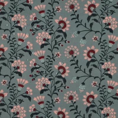 Tissu Coton CANVAS Fleurs fond Gris bleu