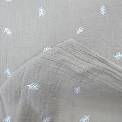 Double gaze brodée feuilles blanches Taupe clair