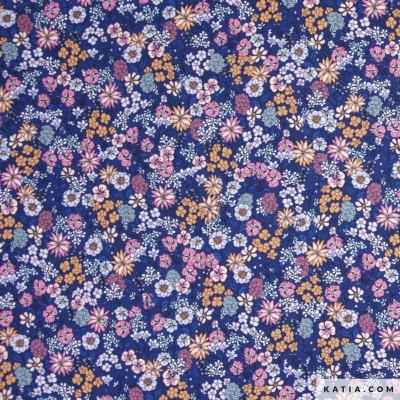 Tissu en popeline de coton a motif fleuri bleu katia